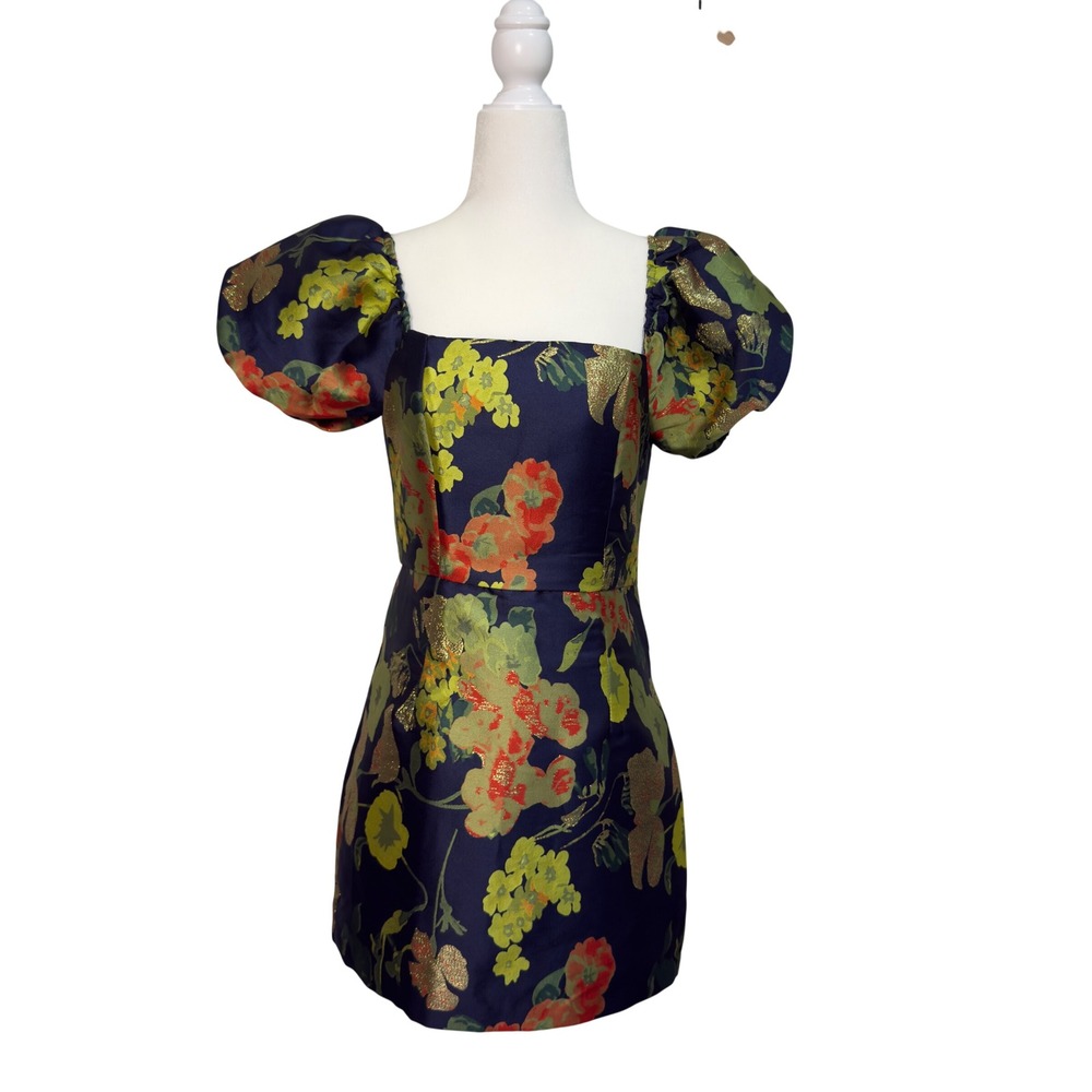 Lulus Floral Brocade Puff Sleeve Mini Dress Navy Blue Metallic Gold Small